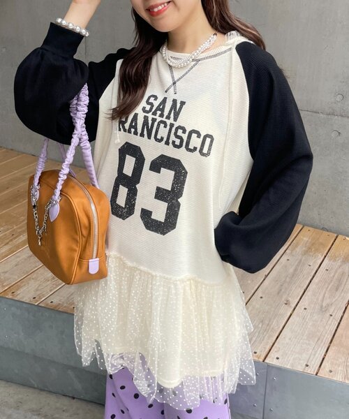 HELLO.SANFRANCISCO（ハローサンフランシスコ）の「【HELLO.SANFRANCISCO】ワッフルロゴチュールフーディチュニック（Tシャツ/カットソー・レディース・ピンク/ホワイト・ONE SIZE）」の12枚目の写真