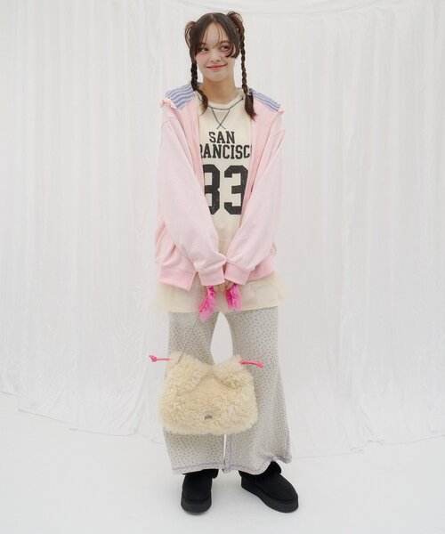 HELLO.SANFRANCISCO（ハローサンフランシスコ）の「【HELLO.SANFRANCISCO】ワッフルロゴチュールフーディチュニック（Tシャツ/カットソー・レディース・ピンク/ホワイト・ONE SIZE）」の15枚目の写真