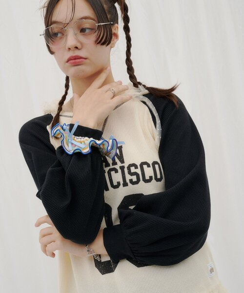 HELLO.SANFRANCISCO（ハローサンフランシスコ）の「【HELLO.SANFRANCISCO】ワッフルロゴチュールフーディチュニック（Tシャツ/カットソー・レディース・ピンク/ホワイト・ONE SIZE）」の16枚目の写真