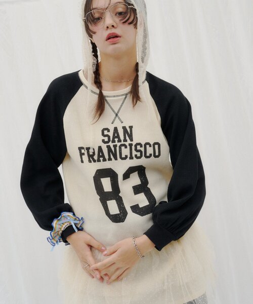 HELLO.SANFRANCISCO（ハローサンフランシスコ）の「【HELLO.SANFRANCISCO】ワッフルロゴチュールフーディチュニック（Tシャツ/カットソー・レディース・ピンク/ホワイト・ONE SIZE）」の17枚目の写真