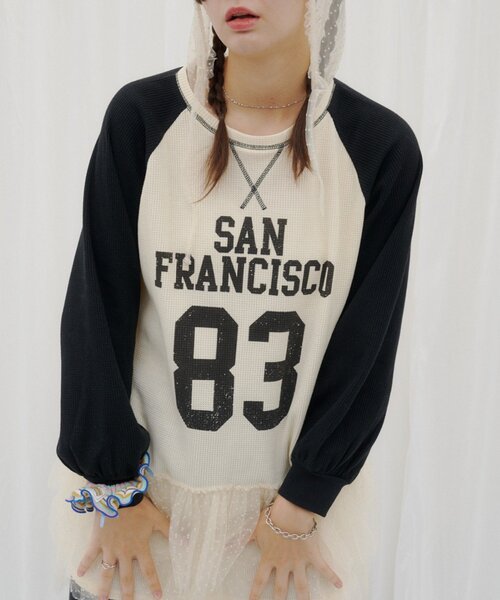 HELLO.SANFRANCISCO（ハローサンフランシスコ）の「【HELLO.SANFRANCISCO】ワッフルロゴチュールフーディチュニック（Tシャツ/カットソー・レディース・ピンク/ホワイト・ONE SIZE）」の18枚目の写真