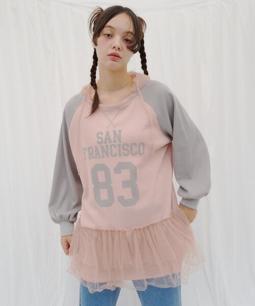 HELLO.SANFRANCISCO（ハローサンフランシスコ）の「【HELLO.SANFRANCISCO】ワッフルロゴチュールフーディチュニック（Tシャツ/カットソー・レディース・ピンク/ホワイト・ONE SIZE）」の10枚目の写真