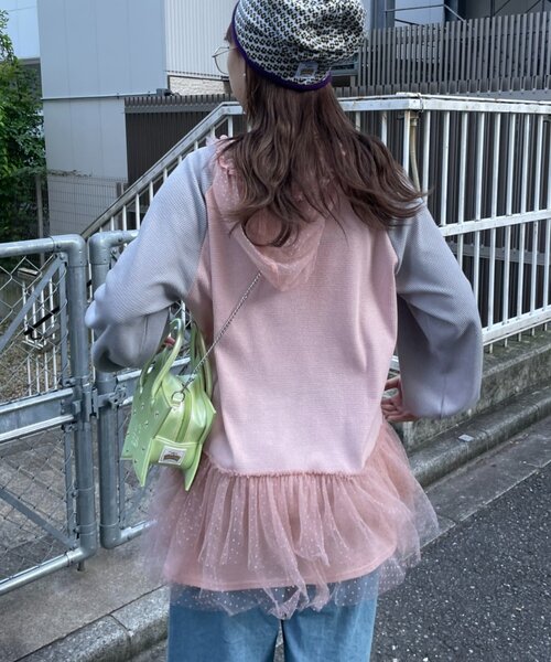HELLO.SANFRANCISCO（ハローサンフランシスコ）の「【HELLO.SANFRANCISCO】ワッフルロゴチュールフーディチュニック（Tシャツ/カットソー・レディース・ピンク/ホワイト・ONE SIZE）」の9枚目の写真