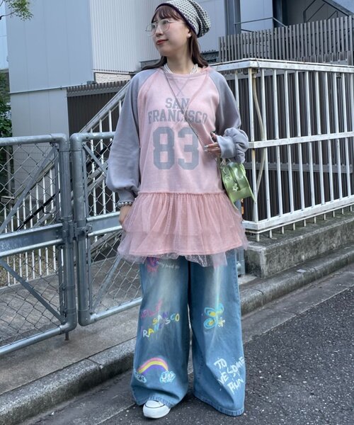 HELLO.SANFRANCISCO（ハローサンフランシスコ）の「【HELLO.SANFRANCISCO】ワッフルロゴチュールフーディチュニック（Tシャツ/カットソー・レディース・ピンク/ホワイト・ONE SIZE）」の8枚目の写真