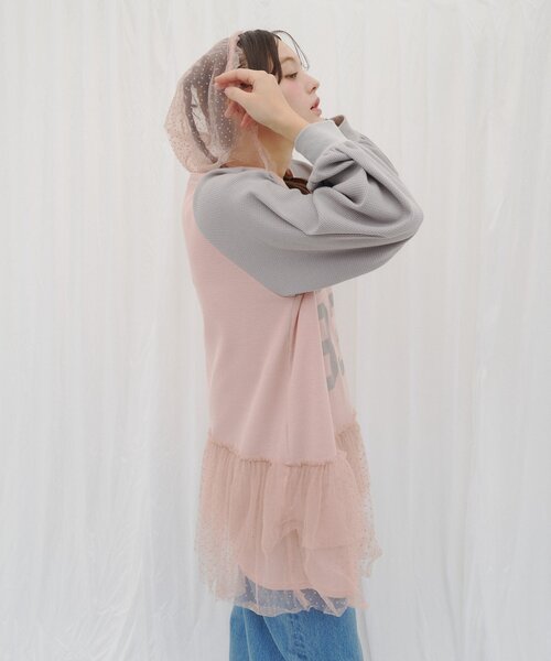HELLO.SANFRANCISCO（ハローサンフランシスコ）の「【HELLO.SANFRANCISCO】ワッフルロゴチュールフーディチュニック（Tシャツ/カットソー・レディース・ピンク/ホワイト・ONE SIZE）」の7枚目の写真
