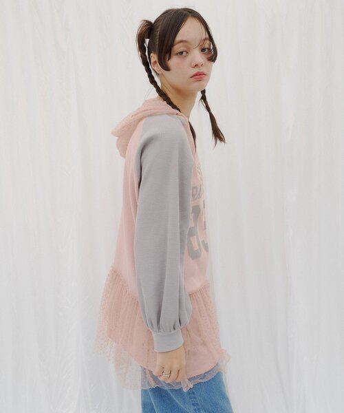 HELLO.SANFRANCISCO（ハローサンフランシスコ）の「【HELLO.SANFRANCISCO】ワッフルロゴチュールフーディチュニック（Tシャツ/カットソー・レディース・ピンク/ホワイト・ONE SIZE）」の6枚目の写真