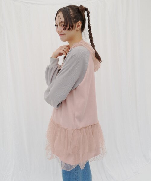 HELLO.SANFRANCISCO（ハローサンフランシスコ）の「【HELLO.SANFRANCISCO】ワッフルロゴチュールフーディチュニック（Tシャツ/カットソー・レディース・ピンク/ホワイト・ONE SIZE）」の3枚目の写真