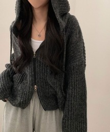 ケーブル編み ダブルジップパーカーニット