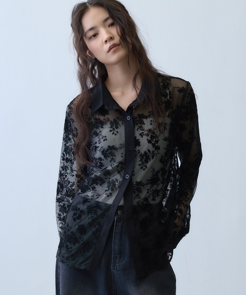Clum(クルム)の「flocky flower sheer shirt / フロッキーフラワーシアーシャツ(シャツ/ブラウス・レディース・ブラック・MEDIUM/LARGE/SMALL)」の16枚目の写真