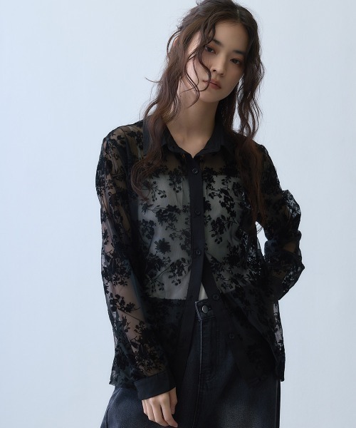Clum(クルム)の「flocky flower sheer shirt / フロッキーフラワーシアーシャツ(シャツ/ブラウス・レディース・ブラック・MEDIUM/LARGE/SMALL)」の7枚目の写真