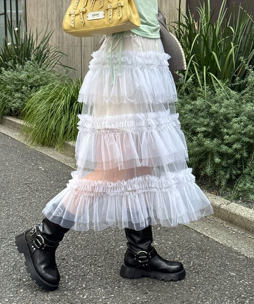 CIAOPANIC(チャオパニック)の「チュールフリルボリュームミドルスカート(スカート・レディース・ブラック/オフホワイト/ミント・ONE SIZE)」の7枚目の写真