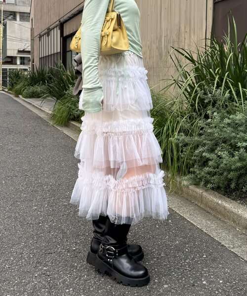 CIAOPANIC(チャオパニック)の「チュールフリルボリュームミドルスカート(スカート・レディース・ブラック/オフホワイト/ミント・ONE SIZE)」の8枚目の写真