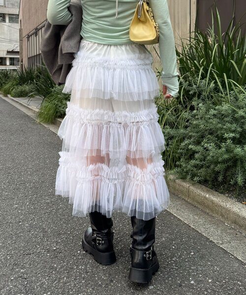 CIAOPANIC(チャオパニック)の「チュールフリルボリュームミドルスカート(スカート・レディース・ブラック/オフホワイト/ミント・ONE SIZE)」の4枚目の写真