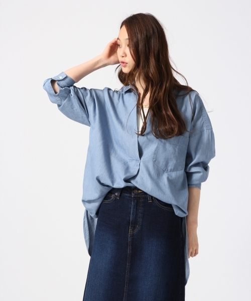 GLOBAL WORK（グローバルワーク）の「デニムスキッパーシャツ9分袖/737326（シャツ/ブラウス・レディース・ライトブルー/オフホワイト/ブルー・MEDIUM/LARGE）」の3枚目の写真