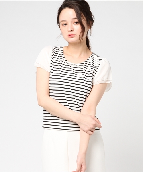 Honeys(ハニーズ)の「袖シフォンプルオーバー(Tシャツ/カットソー・レディース・オフホワイト/ピンク/ホワイト×ブラック/イエロー/ネイビー・S/L/M)」の3枚目の写真