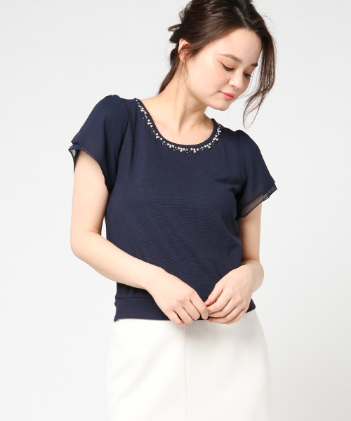 Honeys(ハニーズ)の「袖シフォンプルオーバー(Tシャツ/カットソー・レディース・オフホワイト/ピンク/ホワイト×ブラック/イエロー/ネイビー・S/L/M)」の4枚目の写真