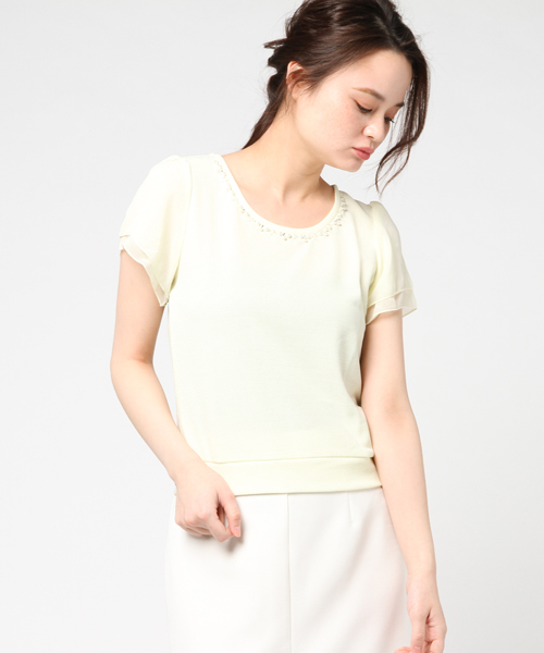 Honeys(ハニーズ)の「袖シフォンプルオーバー(Tシャツ/カットソー・レディース・オフホワイト/ピンク/ホワイト×ブラック/イエロー/ネイビー・S/L/M)」の1枚目の写真