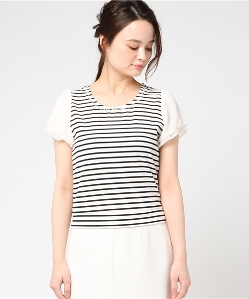 Honeys(ハニーズ)の「袖シフォンプルオーバー(Tシャツ/カットソー・レディース・オフホワイト/ピンク/ホワイト×ブラック/イエロー/ネイビー・S/L/M)」の6枚目の写真