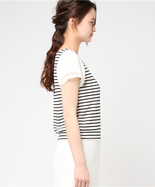 Honeys(ハニーズ)の「袖シフォンプルオーバー(Tシャツ/カットソー・レディース・オフホワイト/ピンク/ホワイト×ブラック/イエロー/ネイビー・S/L/M)」の7枚目の写真