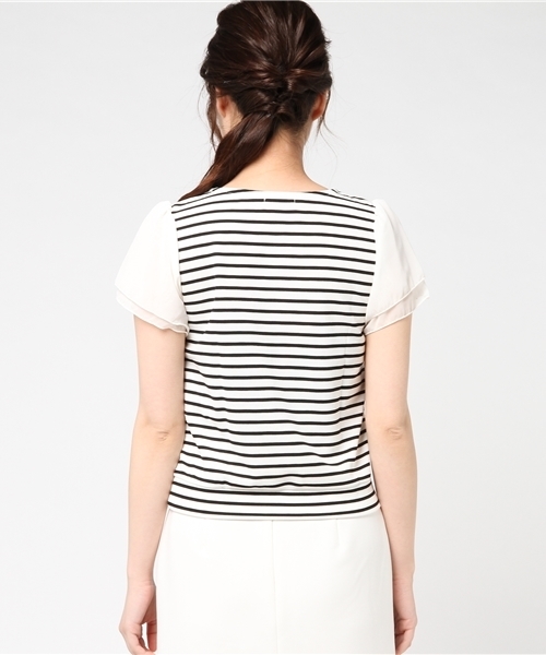 Honeys(ハニーズ)の「袖シフォンプルオーバー(Tシャツ/カットソー・レディース・オフホワイト/ピンク/ホワイト×ブラック/イエロー/ネイビー・S/L/M)」の8枚目の写真