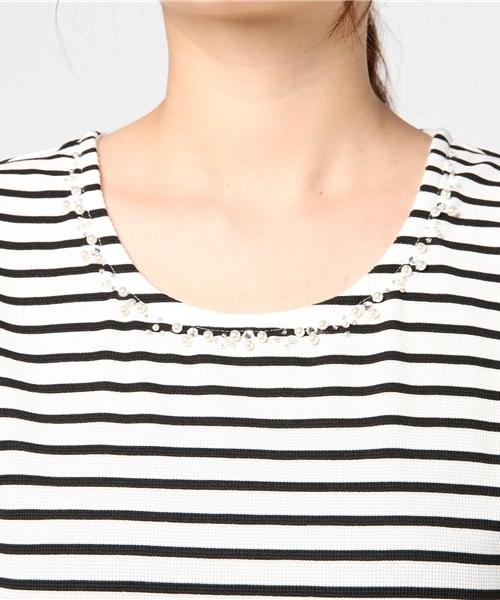 Honeys(ハニーズ)の「袖シフォンプルオーバー(Tシャツ/カットソー・レディース・オフホワイト/ピンク/ホワイト×ブラック/イエロー/ネイビー・S/L/M)」の9枚目の写真