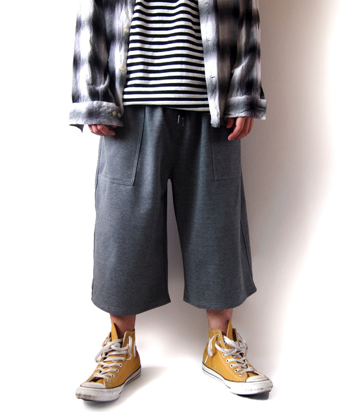ストレッチジャージ素材 ワイドパンツ バギー ハーフパンツ バミューダ