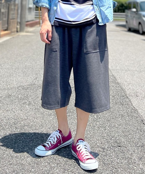 ストレッチジャージ素材 ワイドパンツ バギー ハーフパンツ バミューダ