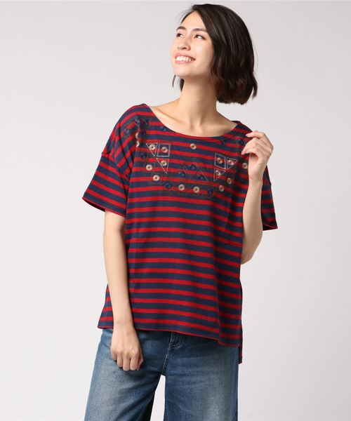 CUBE SUGAR（キューブシュガー）の「CUBE SUGAR/キューブシュガー　刺繍ボートネックプルオーバー（Tシャツ/カットソー・レディース・ブラック/ターコイズブルー/レッド・FREE）」の3枚目の写真