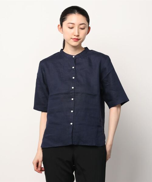 麻100 バンドカラー 五分袖フレンチリネンシャツ