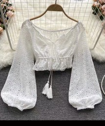 SPIGA | タッセルリボンバルーンスリーブレースブラウス(シャツ/ブラウス)