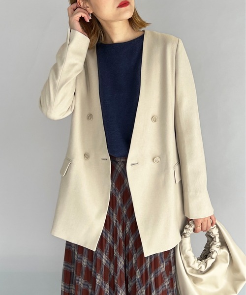 PICCIN（ピッチン）の「ノーカラーダブルジャケット（ノーカラージャケット・レディース・ブラウン/ベージュ/ネイビー・M/L）」の2枚目の写真