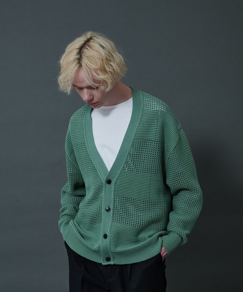 CITY TOKYO（シティトウキョウ）の「メッシュコントラストカーディガン（カーディガン/ボレロ・メンズ・ホワイト/グレー/レッド/ライム/グリーン・1/2）」の2枚目の写真