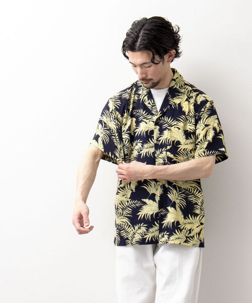 NOLLEY'S goodman(ノーリーズグッドマン)の「リーフプリント オープンカラーシャツ 開襟 アロハ(シャツ/ブラウス・メンズ・ホワイト×グリーン/チャコールグレー/ネイビー系・S/M/L)」の4枚目の写真