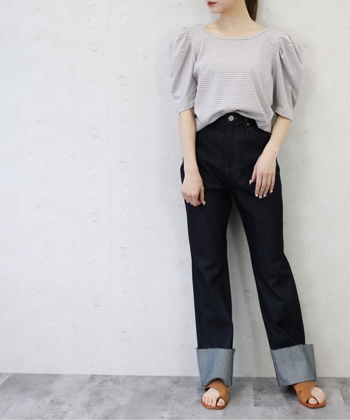 Per sist ence(パーシエンス)の「ボーダーパフスリーブ/スクエア&クルーネック前後2WAYカットソー(Tシャツ/カットソー・レディース・ホワイト系その他/ベージュ系その他/グリーン系その他/ブルー系その他/ホワイト系その他2・FREE)」の11枚目の写真