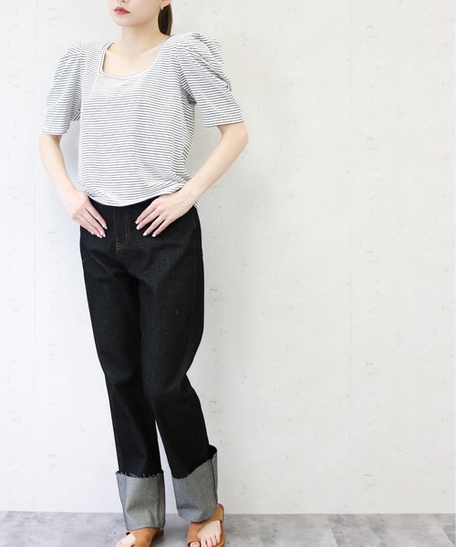 Per sist ence(パーシエンス)の「ボーダーパフスリーブ/スクエア&クルーネック前後2WAYカットソー(Tシャツ/カットソー・レディース・ホワイト系その他/ベージュ系その他/グリーン系その他/ブルー系その他/ホワイト系その他2・FREE)」の7枚目の写真