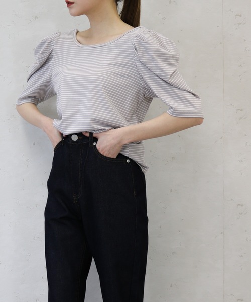Per sist ence(パーシエンス)の「ボーダーパフスリーブ/スクエア&クルーネック前後2WAYカットソー(Tシャツ/カットソー・レディース・ホワイト系その他/ベージュ系その他/グリーン系その他/ブルー系その他/ホワイト系その他2・FREE)」の12枚目の写真