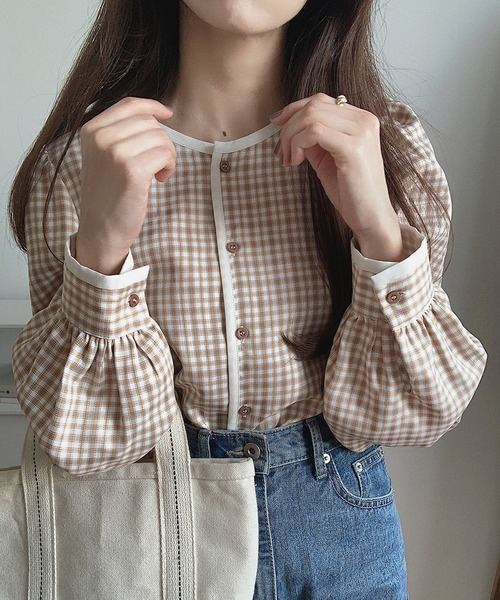 LAUIR(ラウアー)の「パイピングチェックブラウス(シャツ/ブラウス・レディース・ブラック/ブラウン/ベージュ・LARGE/MEDIUM/SMALL)」の12枚目の写真