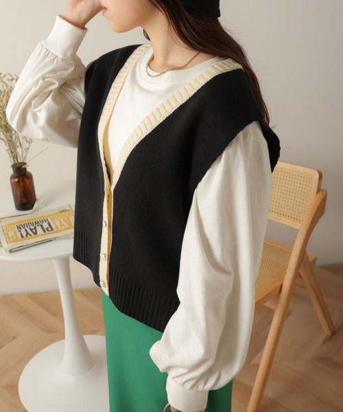 WEGO（ウィゴー）の「WEGO/フロントボタンニットベスト（ベスト・レディース・アイボリー/ブラック・FREE）」の7枚目の写真