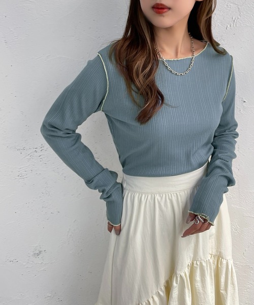apres jour mignon(アプレジュールミニョン)の「メローリブトップス【ZOZOTOWN限定アイテム】(Tシャツ/カットソー・レディース・オレンジ/ブルー/グリーン/アイボリー・X-LARGE/フリー)」の6枚目の写真