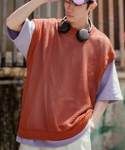 NULL（ヌル）の「【NULL】メッシュ編み ベスト（ベスト・メンズ・グリーン/ブラック/アイボリー/レンガ・FREE）」の4枚目の写真