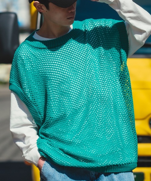 NULL（ヌル）の「【NULL】メッシュ編み ベスト（ベスト・メンズ・グリーン/ブラック/アイボリー/レンガ・FREE）」の12枚目の写真