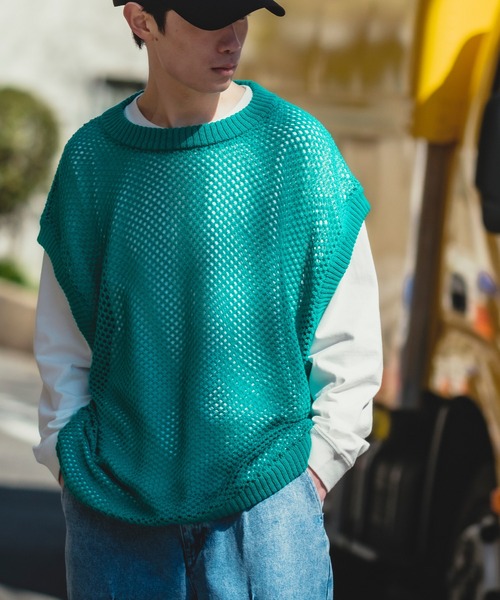 NULL（ヌル）の「【NULL】メッシュ編み ベスト（ベスト・メンズ・グリーン/ブラック/アイボリー/レンガ・FREE）」の10枚目の写真