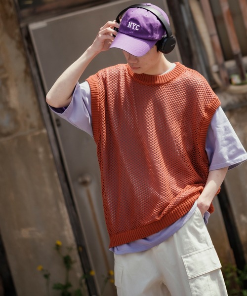 NULL（ヌル）の「【NULL】メッシュ編み ベスト（ベスト・メンズ・グリーン/ブラック/アイボリー/レンガ・FREE）」の5枚目の写真