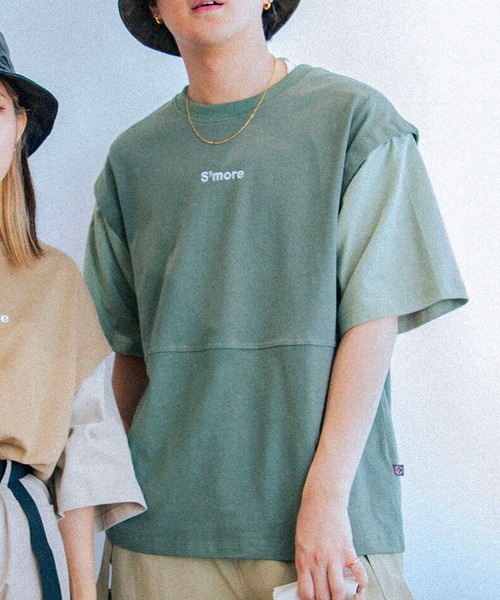 S'more(スモア)の「2WAY REMOVABLE SLEEVE COTTON CREW NECK BIG S/S T-SHIRT (SS)(Tシャツ/カットソー・レディース・ブラウン/グリーン・MEDIUM/SMALL/LARGE)」の2枚目の写真