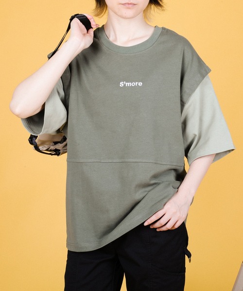 S'more(スモア)の「2WAY REMOVABLE SLEEVE COTTON CREW NECK BIG S/S T-SHIRT (SS)(Tシャツ/カットソー・レディース・ブラウン/グリーン・MEDIUM/SMALL/LARGE)」の3枚目の写真