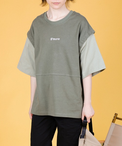 S'more(スモア)の「2WAY REMOVABLE SLEEVE COTTON CREW NECK BIG S/S T-SHIRT (SS)(Tシャツ/カットソー・レディース・ブラウン/グリーン・MEDIUM/SMALL/LARGE)」の4枚目の写真