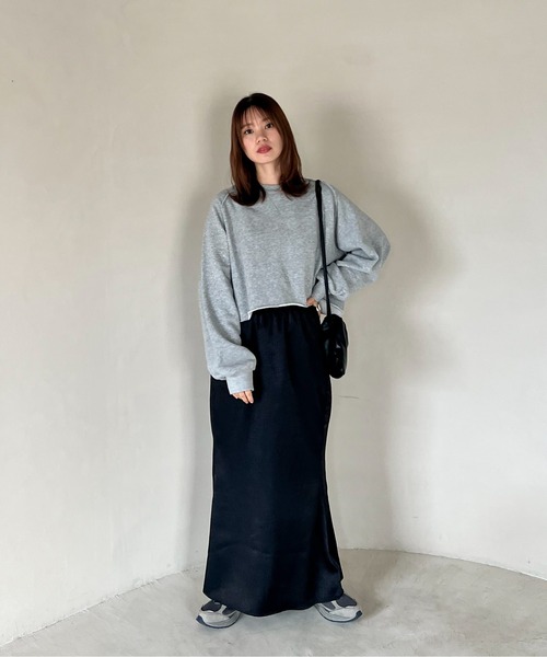 りんごの木　FRAMeWORK ショートスウェット ハーフZIP配色袖ラインカレッジロゴミニスウェットチュニック