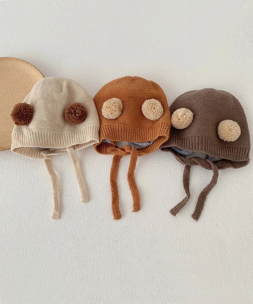 Bambin（ボンバン）の「【 Bambin / ボンバン 】 くまみみ ポンポン ニットキャップ / ニット ボンネット（ニットキャップ/ビーニー・キッズ・ブラウン/イエロー/ライトブラウン/アイボリー・FREE）」の3枚目の写真