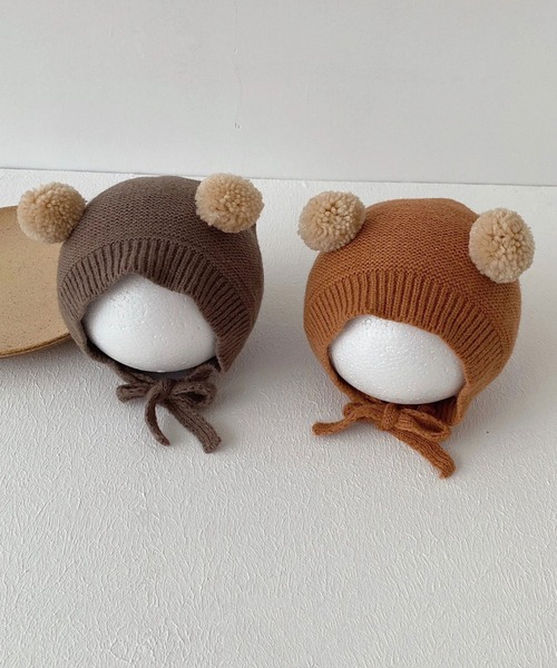 Bambin（ボンバン）の「【 Bambin / ボンバン 】 くまみみ ポンポン ニットキャップ / ニット ボンネット（ニットキャップ/ビーニー・キッズ・ブラウン/イエロー/ライトブラウン/アイボリー・FREE）」の8枚目の写真