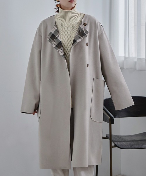 【セール】裏チェック柄ノーカラーロングコート（ノーカラーコート）｜etoll.（エトル）
